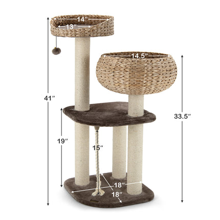DREAMADE 41 Inches Wicker Cat Tree, Modern Cat Tower with Handwoven Cat Condo & Perch