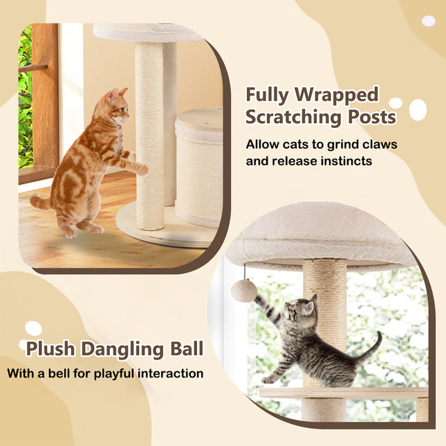 DREAMADE 60" Tall Cat Tree, Wooden Kitten Tower w/Sisal Scratching Posts & Mat