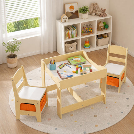 DREAMADE Toddler Table and Chair Set, 3 in 1 Wooden Activity Table w/Storage Drawer&Box
