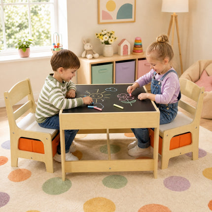 DREAMADE Toddler Table and Chair Set, 3 in 1 Wooden Activity Table w/Storage Drawer&Box