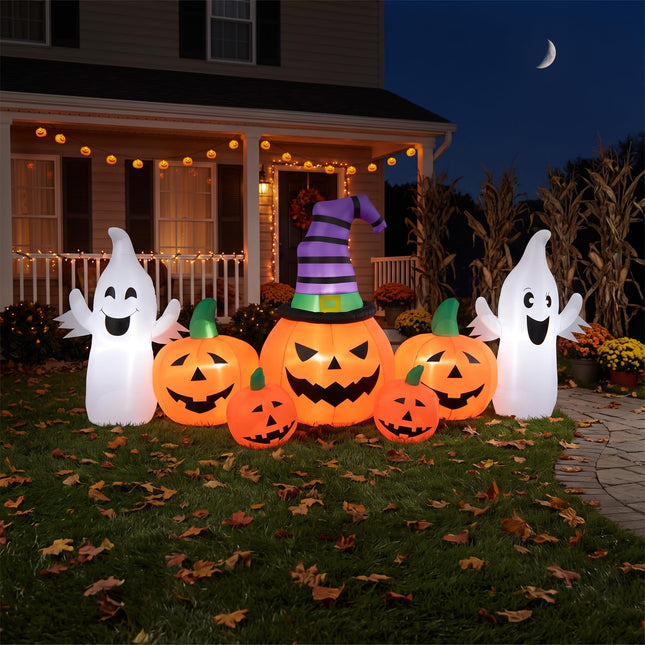 DREAMADE 9FT Wide Halloween Inflatable 5 Pumpkin & 2 Friendly Ghosts