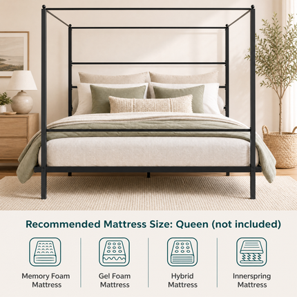 DREAMADE Full Size Canopy Bed Frame, Metal Four Poster Bed, Black