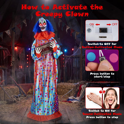 DREAMADE 5.6 FT Halloween Sound Activated Animatronic Clown with Sign