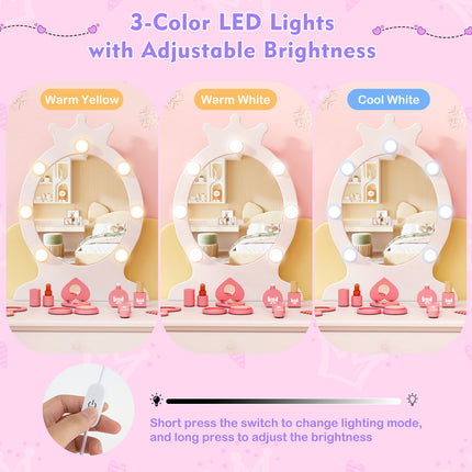 DREAMADE 2-in-1 Kids Makeup Vanity, Girls Vanity w/Lights, Stool, Mirror & Drawer