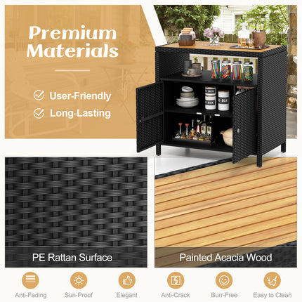 DREAMADE Outdoor Storage Cabinet, Wicker Patio Cabinet with Wood Top, Black