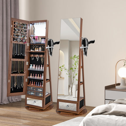 DREAMADE 360° Swivel Jewelry Cabinet with Body Mirror, Full Length Mirror with Storage Jewelry Armoire with Back Storage Shelve