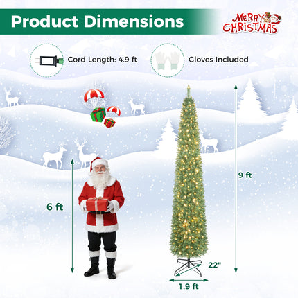 5ft Prelit Pencil Christmas Tree, Artificial Slim Xmas Tree with 150 Warm White LED Lights & 296 Full Branches