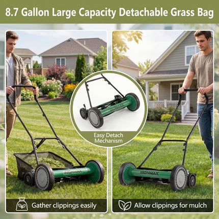DREAMADE Manual Reel Mower, 18" Push Reel Lawn Mower, Green