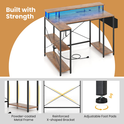 DREAMADE L-Shaped Gaming Desk with LED Lights & Power Outlets, 48" Computer Table with Storage Shelves