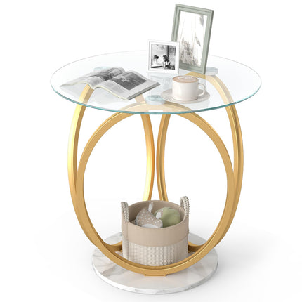 Dreamade Round Faux Marble Sofa Couch Side Table with Tempered Glass Tabletop (1/2)