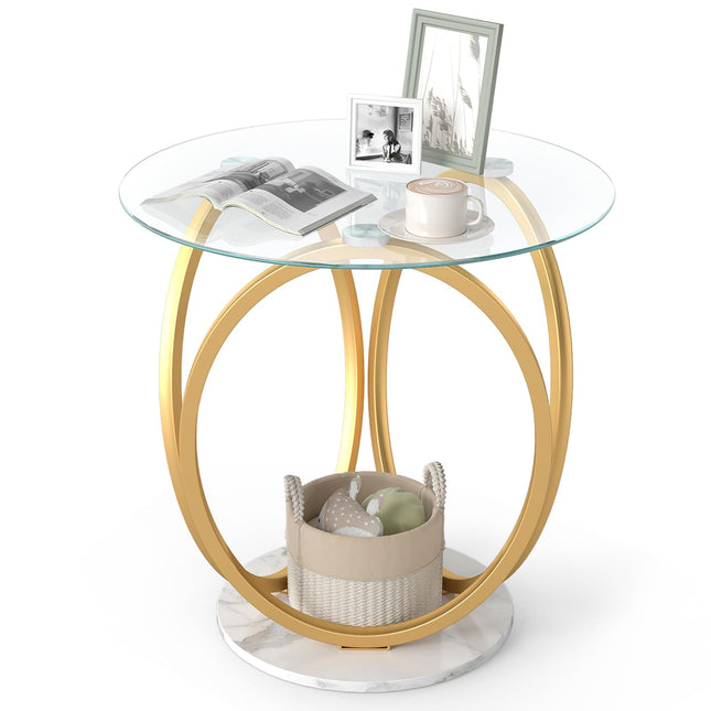 Dreamade Round Faux Marble Sofa Couch Side Table with Tempered Glass Tabletop (1/2)