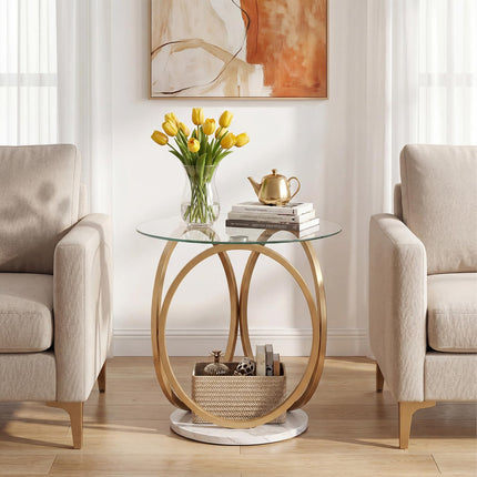 Dreamade Round Faux Marble Sofa Couch Side Table with Tempered Glass Tabletop (1/2)