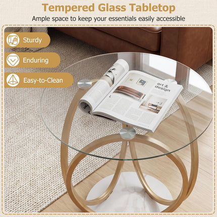 Dreamade Round Faux Marble Sofa Couch Side Table with Tempered Glass Tabletop (1/2)