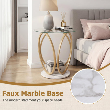 Dreamade Round Faux Marble Sofa Couch Side Table with Tempered Glass Tabletop (1/2)