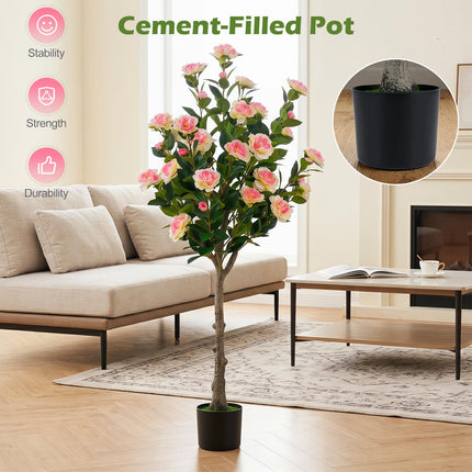Dreamade 50.5" Artificial Camellia Tree with 27 Camellia Blossoms | Realistic Fake Potted Floral Tree