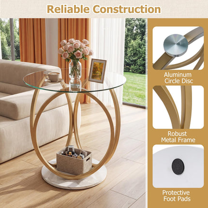 Dreamade Round Faux Marble Sofa Couch Side Table with Tempered Glass Tabletop (1/2)