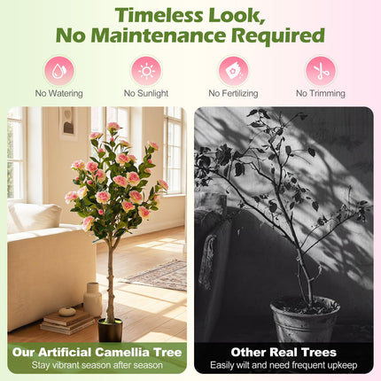 Dreamade 50.5" Artificial Camellia Tree with 27 Camellia Blossoms | Realistic Fake Potted Floral Tree