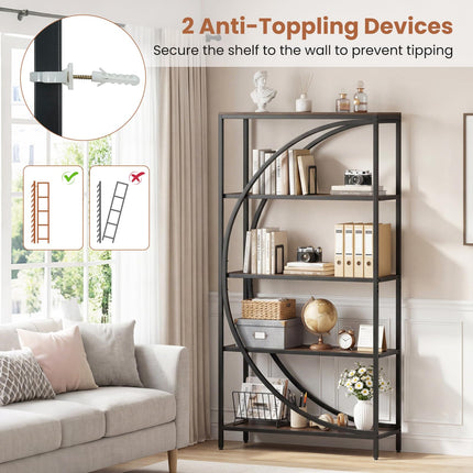 Dreamade 65" Tall Industrial Etagere Bookcase with Half-Moon Shape for Living Room and Home Office