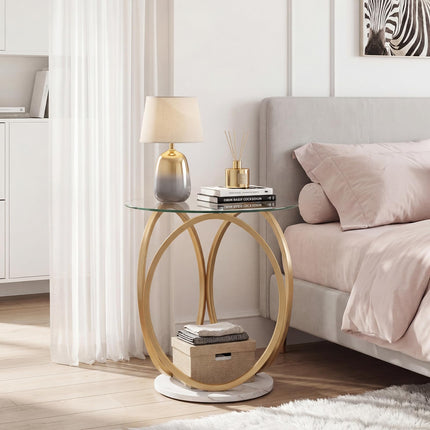 Dreamade Round Faux Marble Sofa Couch Side Table with Tempered Glass Tabletop (1/2)