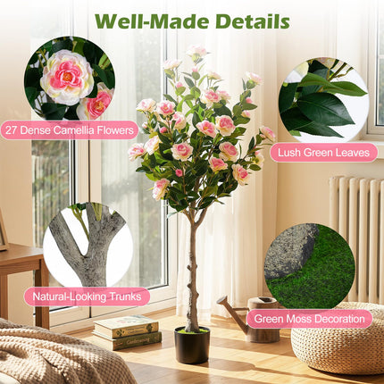 Dreamade 50.5" Artificial Camellia Tree with 27 Camellia Blossoms | Realistic Fake Potted Floral Tree