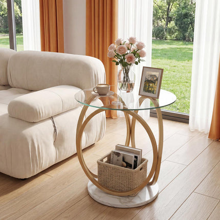 Dreamade Round Faux Marble Sofa Couch Side Table with Tempered Glass Tabletop (1/2)