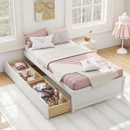 Dreamade Queen/Full/Twin Size Bed Frame with 2 Storage Drawers, Solid Wood Platform Bed with Slats Support