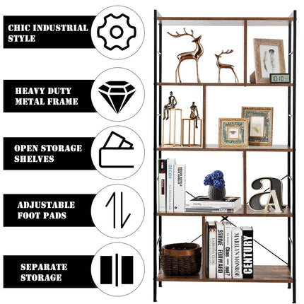 4-Tier Bookshelf, Industrial Style Bookcase with Metal Frame (Rustic Brown) - Dreamadeus