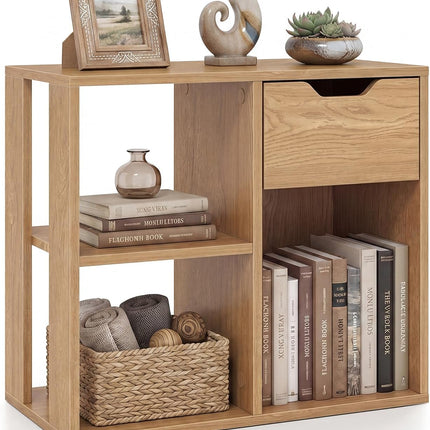 Dreamade 3 Cube Bookcase with Drawer, 2 Tier Bookshelf for Small Space, Modern Freestandin
