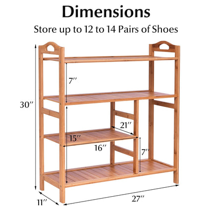 4-Tier Shoe Rack, Bamboo Shoe and Boot Rack 12-14 Pairs - Dreamadeus