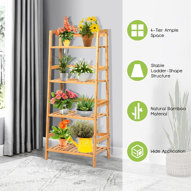 4-Tier Ladder Shelf Plant Stand, Bamboo Flower Pots Holder Display Rack - Dreamadeus