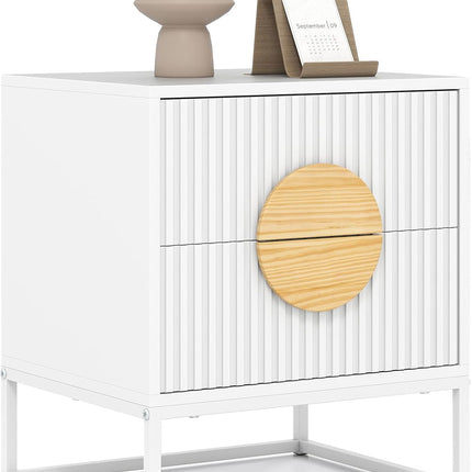 Dreamade Fluted Nightstand with 2 Drawers with Natural Circle Handle & Metal Frame