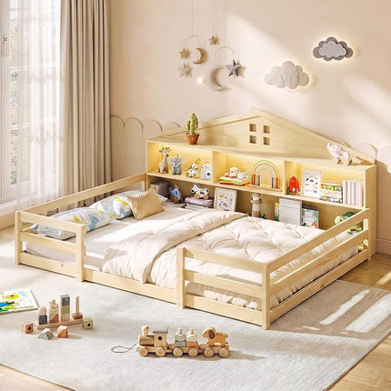 Dreamade Montessori Floor Bed with LED Lights 2-in-1 Wooden House Bed Frame with Safety Guardrails