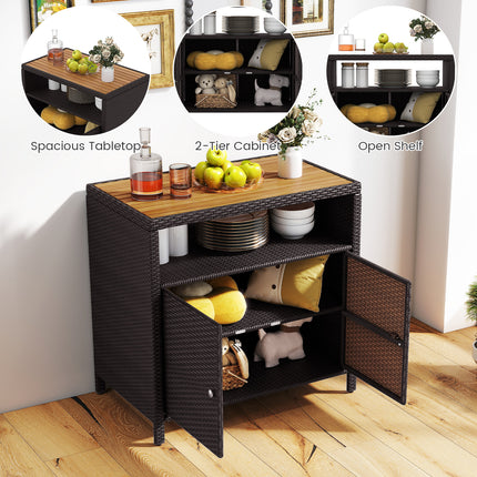 DREAMADE Outdoor Storage Cabinet, Wicker Patio Cabinet with Wood Top, Brown