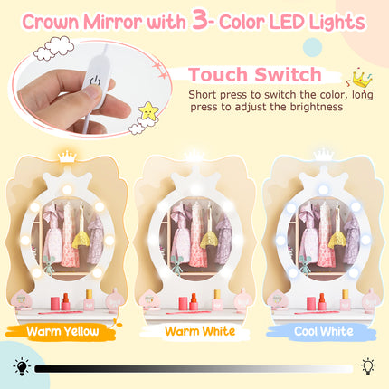 DREAMADE 2-in-1 Kids Makeup Vanity, Girls Vanity w/Lights, Stool, Mirror & Drawer