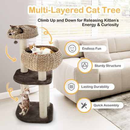 DREAMADE 41 Inches Wicker Cat Tree, Modern Cat Tower with Handwoven Cat Condo & Perch