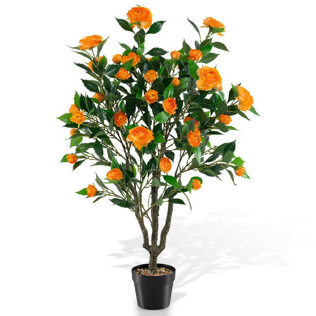 Dreamade 40" Artificial Camellia Tree Faux Camellia Potted Plant in Cement-Filled Pot (1/2 Pack)