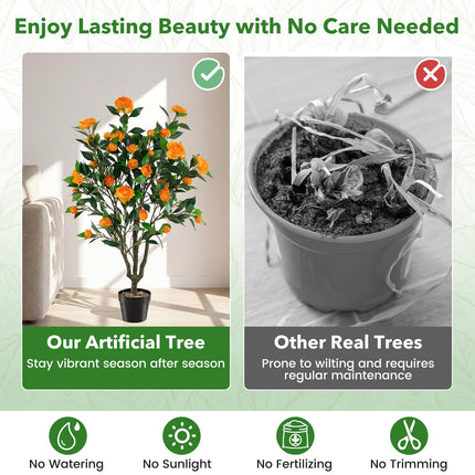Dreamade 40" Artificial Camellia Tree Faux Camellia Potted Plant in Cement-Filled Pot (1/2 Pack)