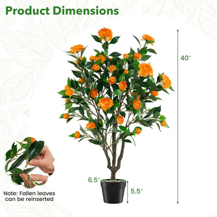 Dreamade 40" Artificial Camellia Tree Faux Camellia Potted Plant in Cement-Filled Pot (1/2 Pack)