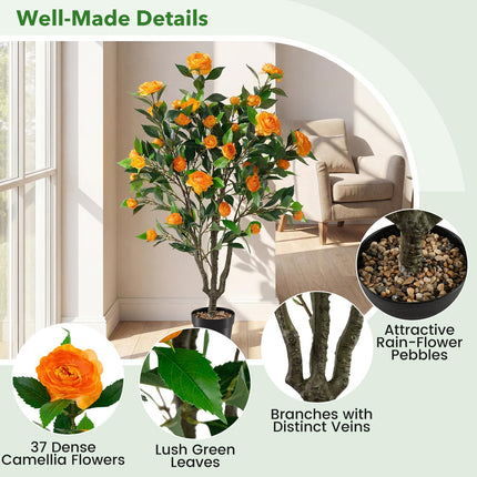 Dreamade 40" Artificial Camellia Tree Faux Camellia Potted Plant in Cement-Filled Pot (1/2 Pack)