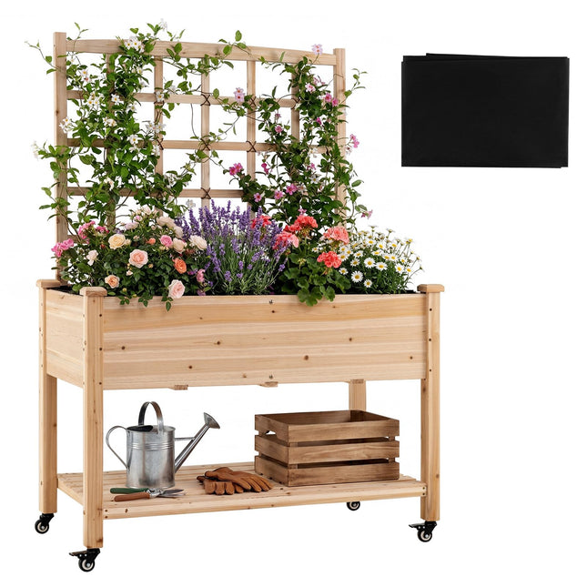 Dreamade 65'' Wooden Raised Garden Bed w/Trellis on Wheels ( 1/2 )