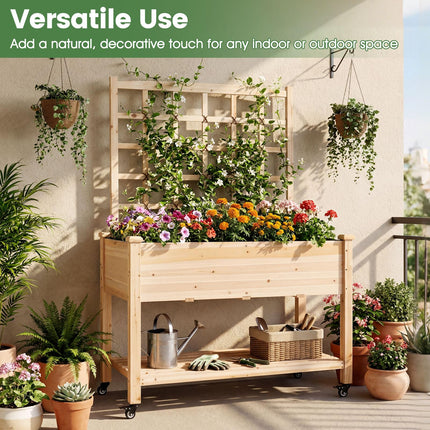 Dreamade 65'' Wooden Raised Garden Bed w/Trellis on Wheels ( 1/2 )
