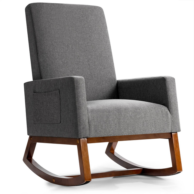 Dreamade Upholstered Rocking Chair, Modern Fabric Armchair w/Wood Base