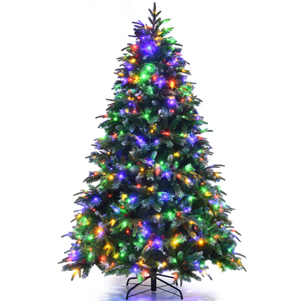 Dreamade 7FT Pre-Lit Artificial Christmas Tree, Hinged Realistic Snowy Xmas Pine Tree W/ 450 Color Changing LED Lights, 11 Flash Modes - DreamadeUS
