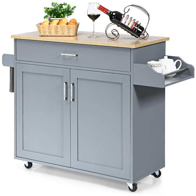 Dreamade Kitchen Island, Rolling Kitchen Cart with Spice and Towel Rack, Large Drawer & 2-Door Storage Cabinet