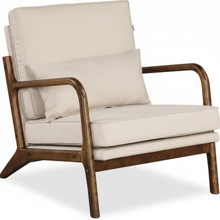 Dreamade Mid Century Modern Accent Chair, Upholstered Armchair with Pillow, Rubber Wood Armrests & Legs