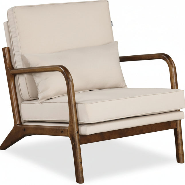 Dreamade Mid Century Modern Accent Chair, Upholstered Armchair with Pillow, Rubber Wood Armrests & Legs