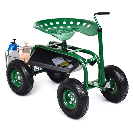 Dreamade Garden Cart, 4-Wheel Gardening Workseat with Storage Basket