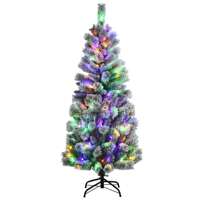 Dreamade 5ft Pre-lit Snow Flocked Christmas Tree, Premium Hinged Artificial Pine Tree w/ 9 Lighting Modes & 140 Color Changing LED Lights - DreamadeUS
