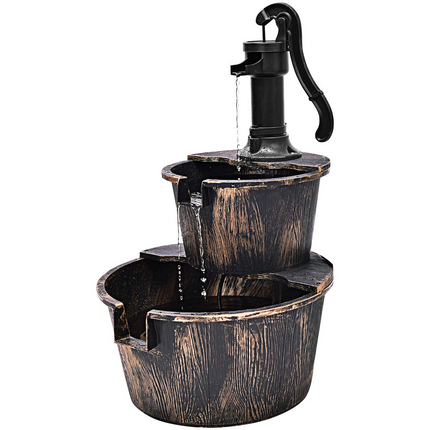 Dreamade 2-Tier Rustic Barrel Waterfall Fountain with Pump