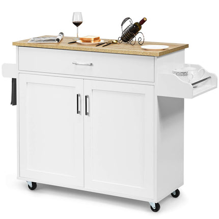 Dreamade Kitchen Island, Rolling Kitchen Cart with Spice and Towel Rack, Large Drawer & 2-Door Storage Cabinet